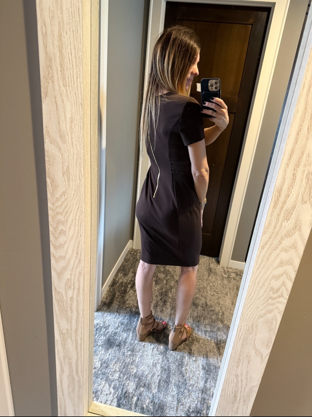 Calvin Klein Chocolate Brown Midi Sheath Dress with Faux-Leather Tie - Picture 5 of 12